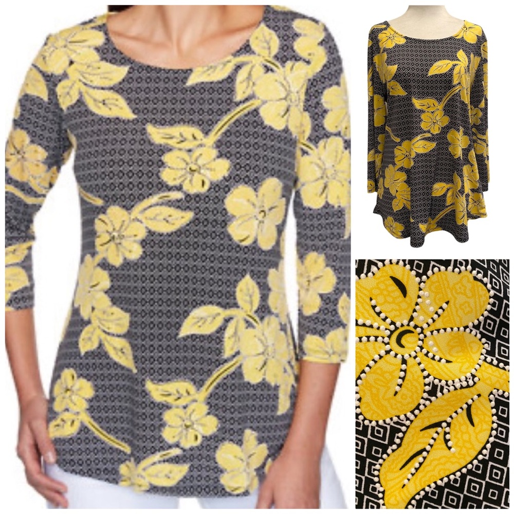 Ruby Rd. Black/Yellow Summertime Puff Floral Top Size Medium